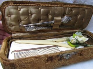 Antique French Velvet Sewing Glove Box Button Cushion & Contents Shabby Chic