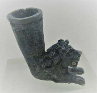 Ancient Near Eastern Bronze Rhyton Vessel With Lions Head Rare