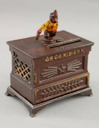 RARE Miniature Antique Kyser & Rex Cast Iron Mechanical Monkey Organ Bank,  NR 3