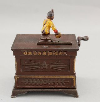RARE Miniature Antique Kyser & Rex Cast Iron Mechanical Monkey Organ Bank,  NR 6