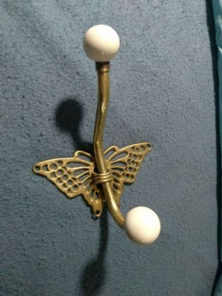 Vintage Brass Butterfly Backplate,  Double Coat & Hat Hooks,  With Porcelain Knobs