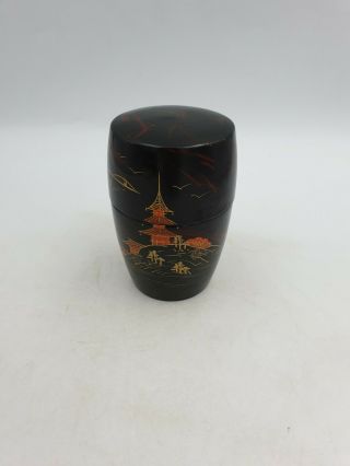 Vtg Japanese Black Lacquer Ware Lidded Box Hand Painted Gold Scenic Barrel Shape