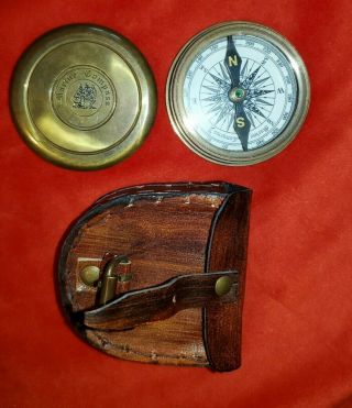 Brass Nautical Marine Pocket Compass With Leather Case