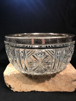 Vintage Clear Cut Glass Bowl Silver Rim Stamped England On Silver 8 