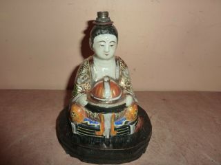 Japanese Satsuma Pottery 12.  5cm Sitting Buddha Lampbase - Wooden 12cm By 10cm Base