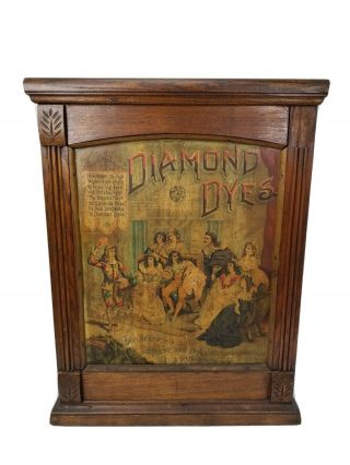 Rare Antique Diamond Dyes Oak & Tin Litho Store Cabinet Court Jester Graphic