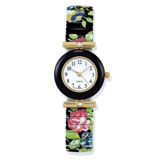 Floral Stretch Band Watch Easy Read Black Marble Dial