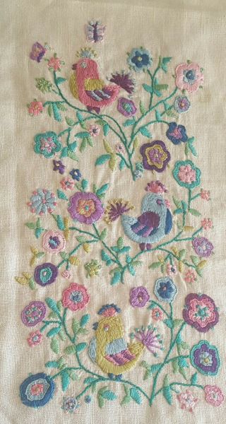 Vintage Hand Embroidered Linen Panel Tree Of Life Birds&florals