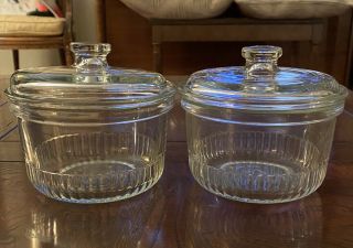 Vintage Set Of 2 Anchor Hocking Clear Glass Ribbed Bottom Jars W/ Lids (16 Oz)