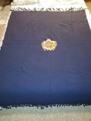Vtg Pendleton Usa Wool Blanket Fringe Navy Blue Henry Weinhards Patch Promo Rare