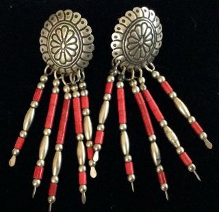 Gorgeous Rare Vintage Estate Navajo Sterling Silver 925 Red Coral Earrings Az107