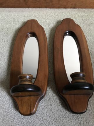 (2) Vintage Wooden Oval Mirrored Wall Candle Holder Sconces With Wood Holders