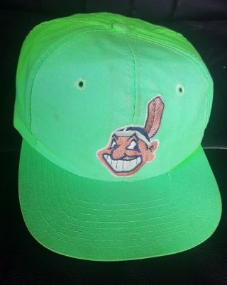 Vintage Rare 1990s Green Cleveland Indians Chief Wahoo Embroidered Snapback Hat
