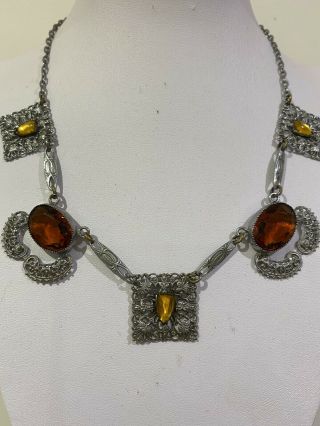 Antique Art Deco Bohemian Czech Filigree Amber Crystal Vintage Necklace