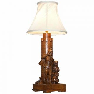 Rare Pied Piper Of Hamelin Black Forest Carved Wood Arts & Crafts Table Lamp