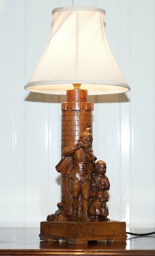 RARE PIED PIPER OF HAMELIN BLACK FOREST CARVED WOOD ARTS & CRAFTS TABLE LAMP 2