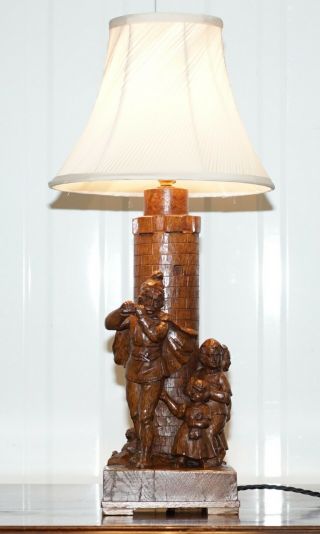 RARE PIED PIPER OF HAMELIN BLACK FOREST CARVED WOOD ARTS & CRAFTS TABLE LAMP 3