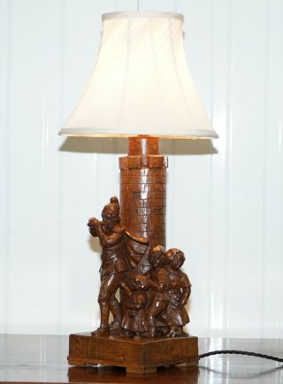 RARE PIED PIPER OF HAMELIN BLACK FOREST CARVED WOOD ARTS & CRAFTS TABLE LAMP 4