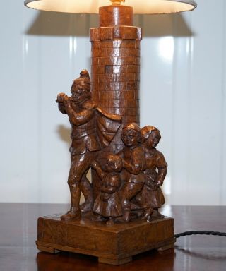 RARE PIED PIPER OF HAMELIN BLACK FOREST CARVED WOOD ARTS & CRAFTS TABLE LAMP 5