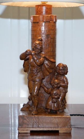 RARE PIED PIPER OF HAMELIN BLACK FOREST CARVED WOOD ARTS & CRAFTS TABLE LAMP 6