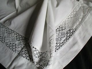 Vintage French Metis Linen Sheet With Pretty Lace Insert.  80” X 103”