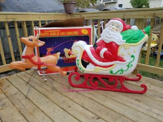 RARE Giant Grand Venture Santa Claus Sleigh Reindeer Christmas Blow Mold Light 3