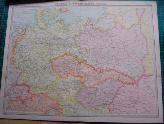 1922 Large Antique Map - Central European States - Political