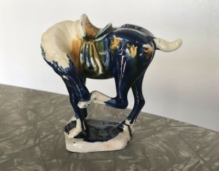 Chinese Tang Style War Horse Blue Multi - Color Statue Sancai Ceramic Glazed Vtg