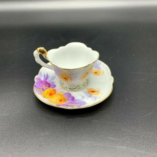 Japan Mini Tea Cup And Saucer Purple Yellow Flowers Gold Accents