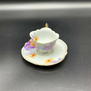 Japan Mini Tea Cup And Saucer Purple Yellow Flowers Gold Accents 2