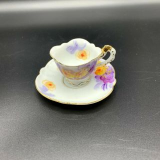 Japan Mini Tea Cup And Saucer Purple Yellow Flowers Gold Accents 3