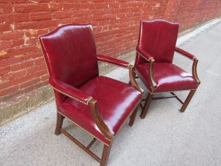 Vintage Rare Pair Dark Red Leather Chairs By The Taylor Co.  Library Office
