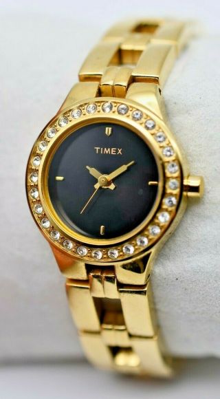 Ladies Timex Gold Tone Crystal Accent Dress Bracelet Watch,  Black Dial,  Quartz