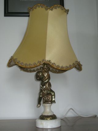 Vintage Heavy Marble Base Cherub Table Lamp With Shade.
