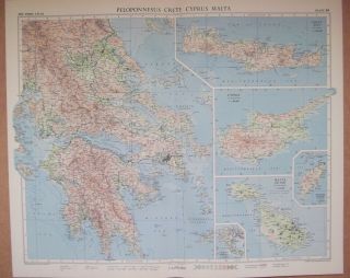 Peloponnesus Crete Cyprus 1:1,  000,  000,  Malta & Gozo 1:250,  000 1956 Colour Map