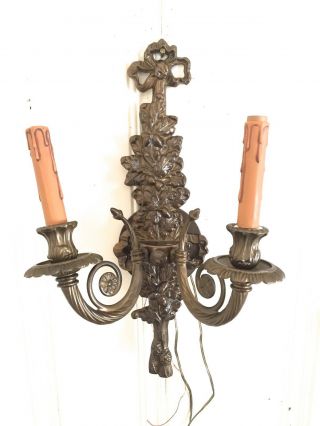 Vtg Antique Bronze Brass Carved Double Light Electric Wall Sconce Ribbon Bow