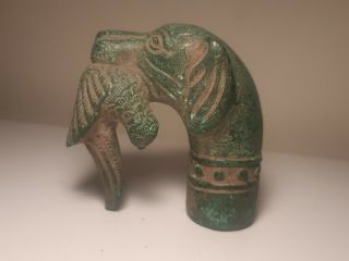 Very Rare Antique Ancient Roman Bronze Head Dog Stick C.  200 Bc