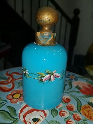Antique French Blue Opaline Glass Handpainted Enameled 5 " Scent Perfume Bottle.