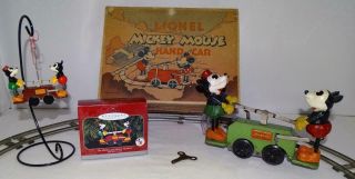 Rare Nm " Green " Vs.  Disney 1934 Lionel Mickey Mouse Hand Car,  2 Pc.  Boxed Set,  Track