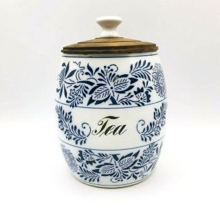 Antique German Germany Flow Blue Onion Canister Tea Wood Lid China Porcelain