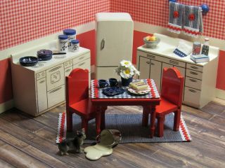 Strombecker Kitchen Appliance & Dining Set,  Vintage Wooden Dollhouse Furniture