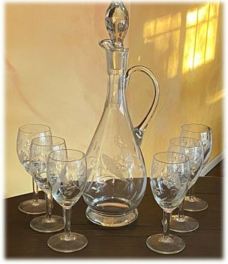 Vintage Cut Etched Crystal Decanter & 6 Matching Wine Glasses Set,  Floral Design