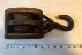 Antique Vintage Double Wood 5 Inch Block & Tackle Pulley With Hook For Farm