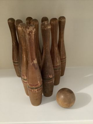 Antique Vintage Wood 8” Wooden Bowling Set Skittles Toy 10 Pin