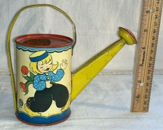 Antique Ohio Art Watering Sprinkling Can Tin Litho Toy Girl In Garden Fern Peat