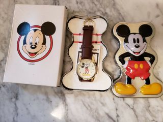 Disney Time Micky Mouse Leather Band Stainless Rare Case Tin/box