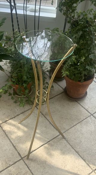 Vintage Tripod Brass & Glass Round End Table Plant Stand Hollywood Regency Mcm