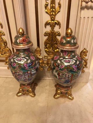 Fine Antique Large Pr Highly Decorated Oriental Accent Covered Urns 19 "