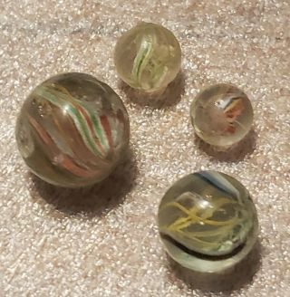 Set Of 4 Antique Hand Blown Glass Marbles Multicolor Swirls (german?)