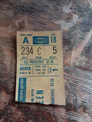 Rare Queen Concert Ticket Stub Vintage Nov 16 1978 Madison Square Garden